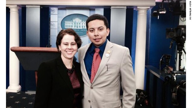 Cristian Avila, 23, here with director of the White House Domestic Policy Council Cecilia Muñoz, was invited to sit in Michelle Obama's viewing box for the State of the Union as part of the President's message to 