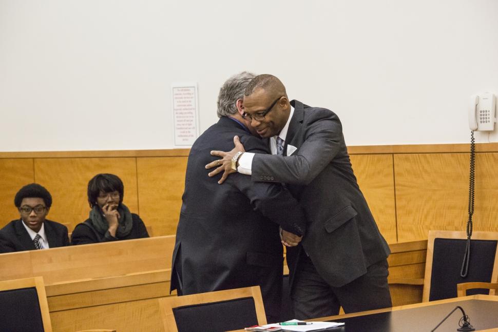 A review showed there was hardly any evidence a burglary took place to begin with and Taylors account wasnt supported by any physical evidence. Waithe is seen here hugging Mark Hale of the Brooklyn District Attorney's office.